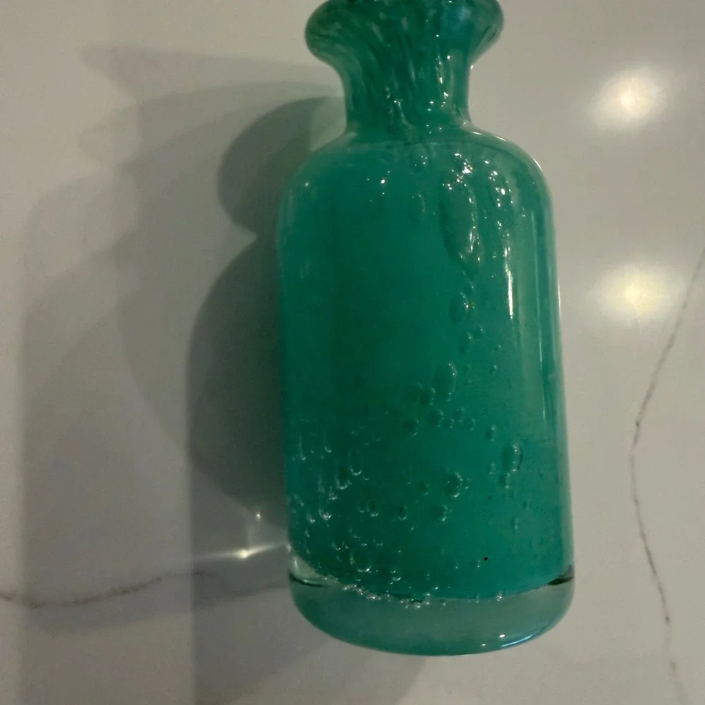 Teal Green Controlled Bubble Art‎ Glass Bud Vase Swirl Rim Weighted Base